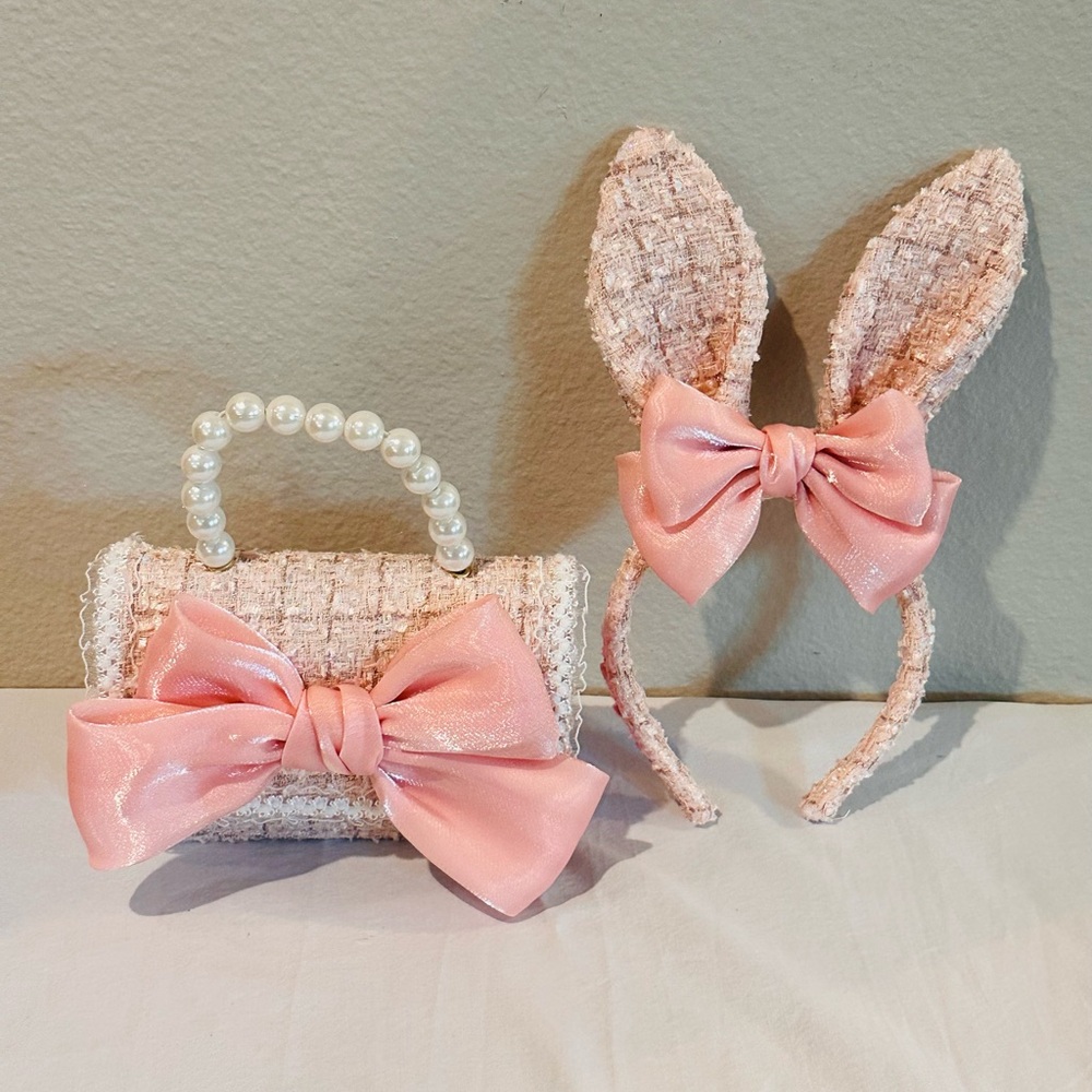 Chic Pink Bow Kids Bunny Headband and Purse Set